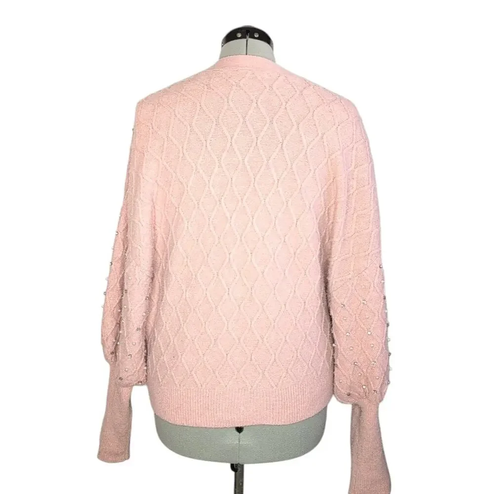 Express Pink Pearl & Crystal Cardigan Sweater with Diamond Knit Pattern, size XL